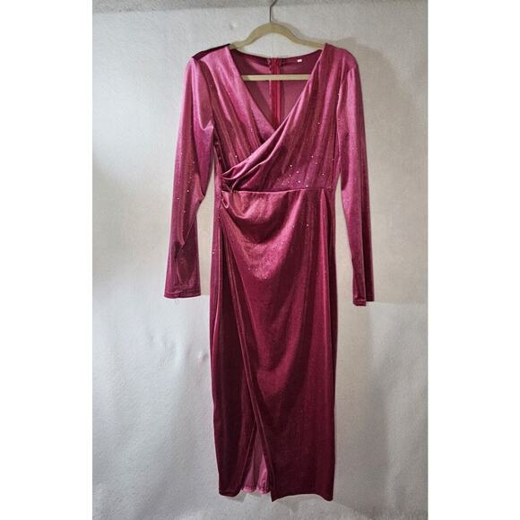 Pink Sparkly Faux Wrap Midi Dress Velvet Sz L Long Sleeve V Neck Zip - Picture 1 of 7